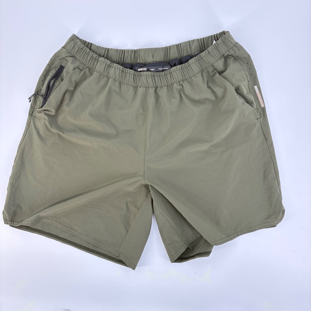 REI Co-op Mens Olive Green Lined Running Shorts Large Zip Pocket Active Training